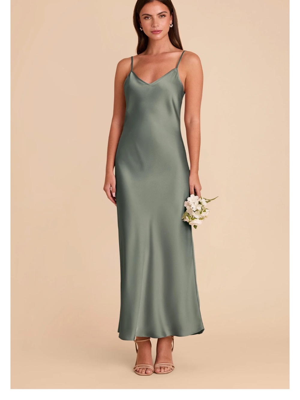 Satin Slip Midi Dress in Olive Green